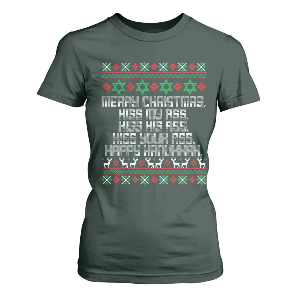 Merry Christmas Kiss My Ass Happy Hanukkah T Shirt For Women TS10 Dark Forest Green Print Your Wear