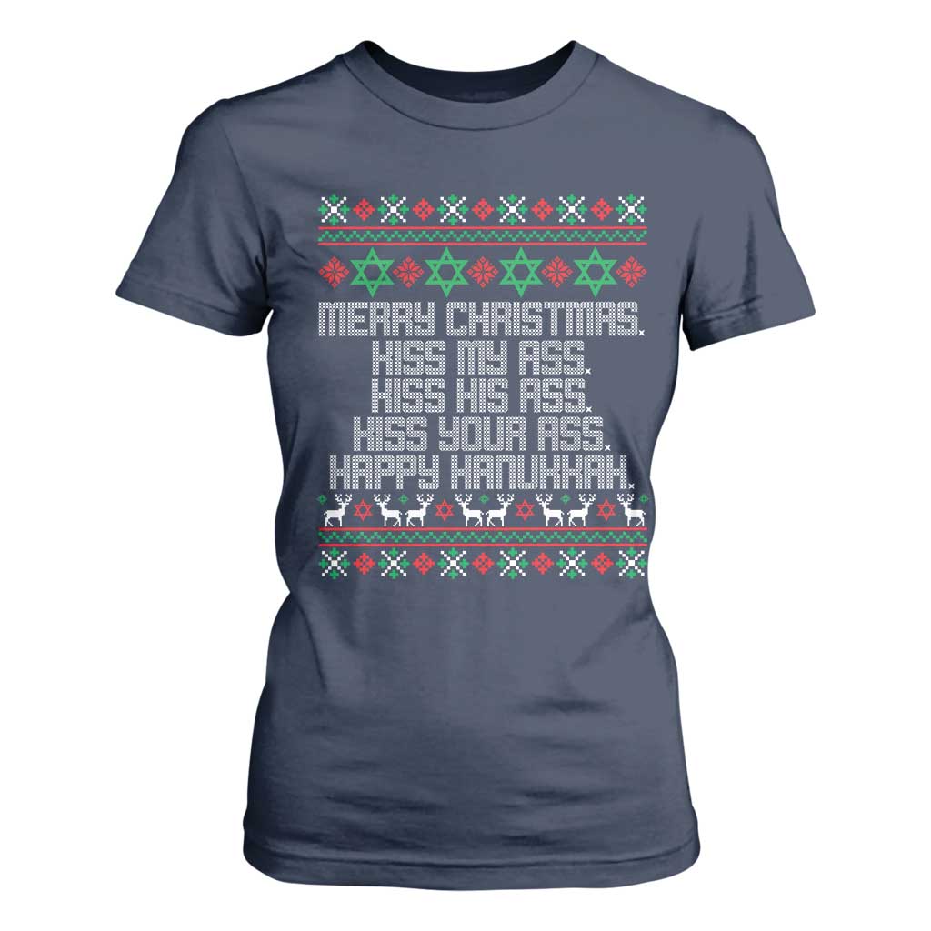 Merry Christmas Kiss My Ass Happy Hanukkah T Shirt For Women TS10 Navy Print Your Wear