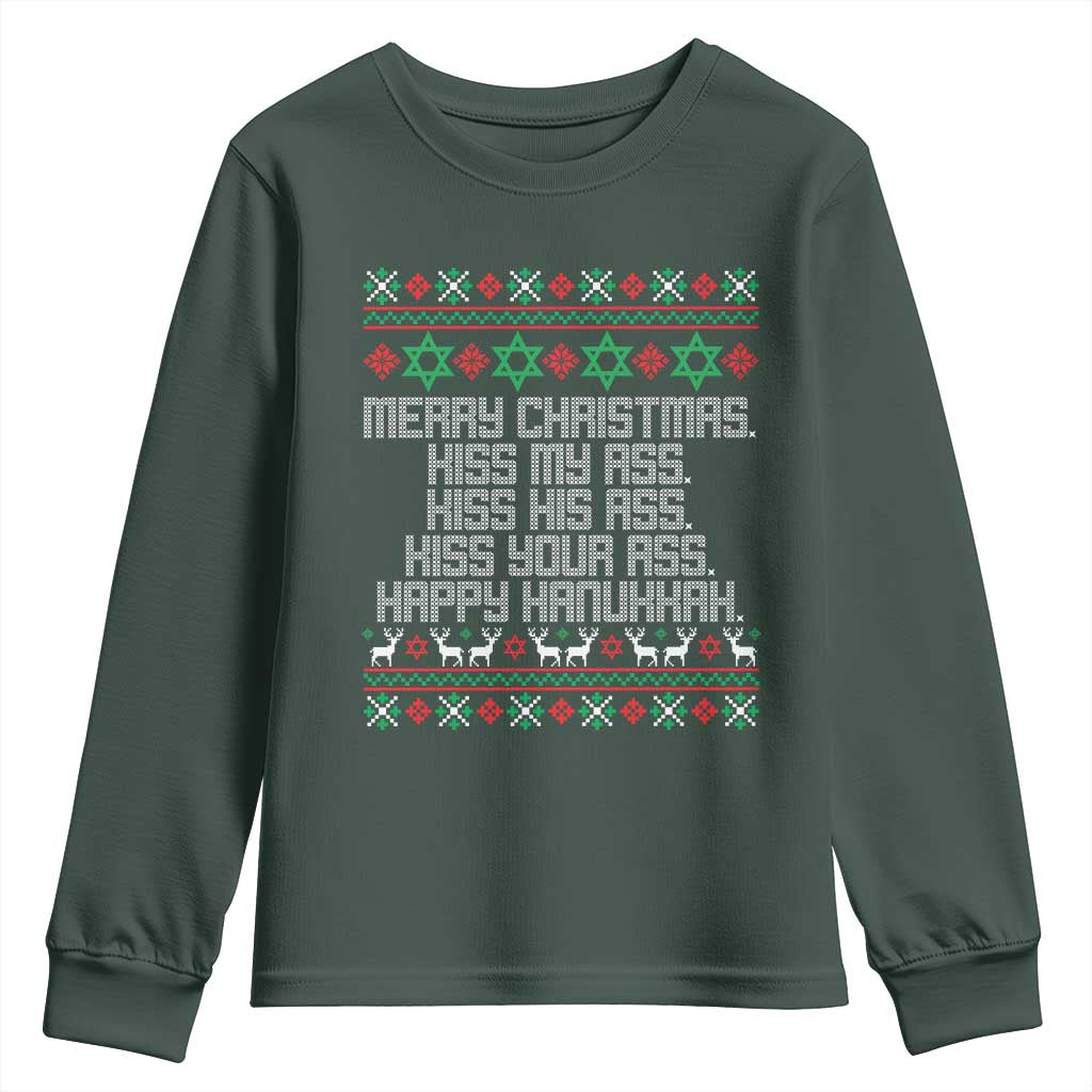 Merry Christmas Kiss My Ass Happy Hanukkah Youth Sweatshirt TS10 Dark Forest Green Print Your Wear