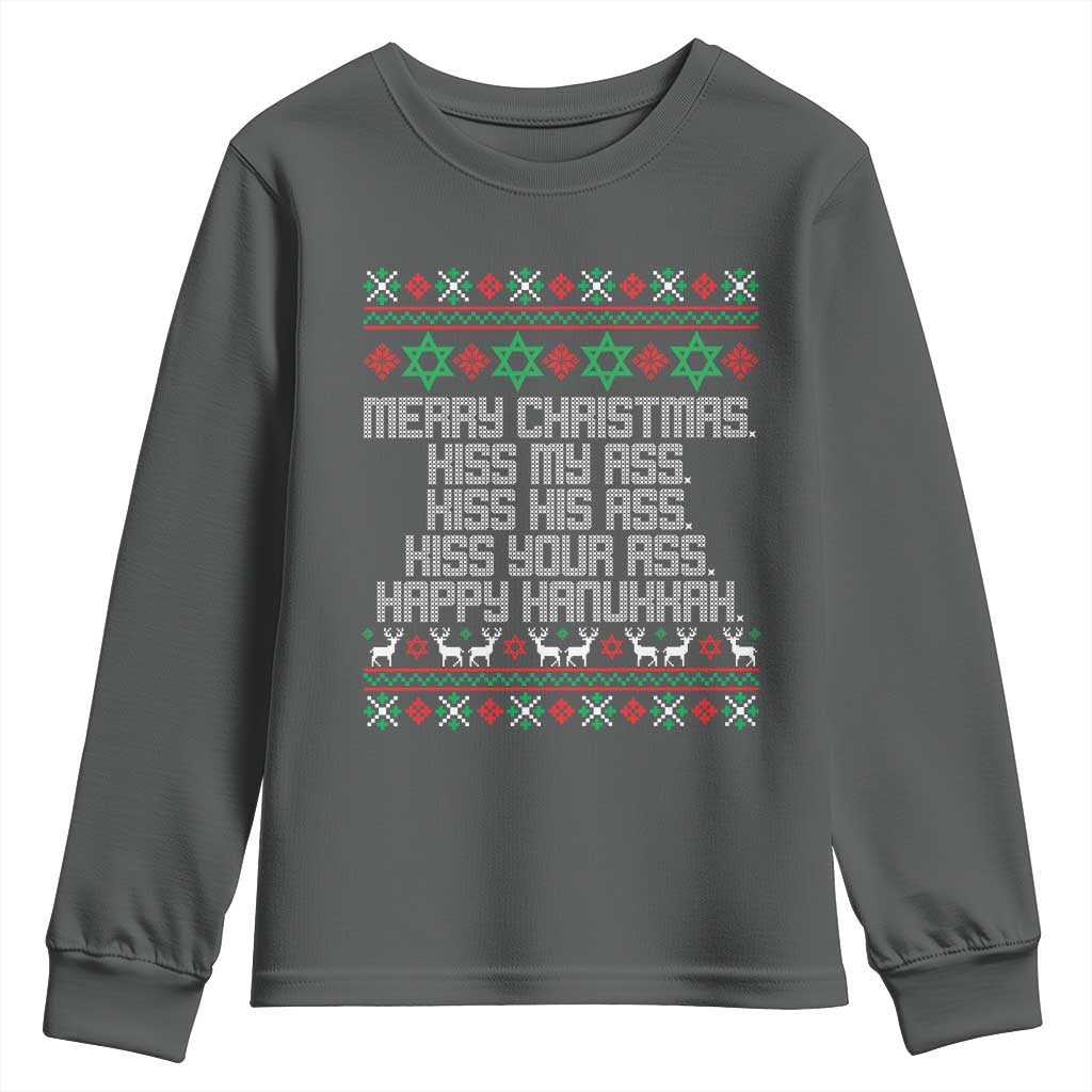 Merry Christmas Kiss My Ass Happy Hanukkah Youth Sweatshirt TS10 Dark Heather Print Your Wear