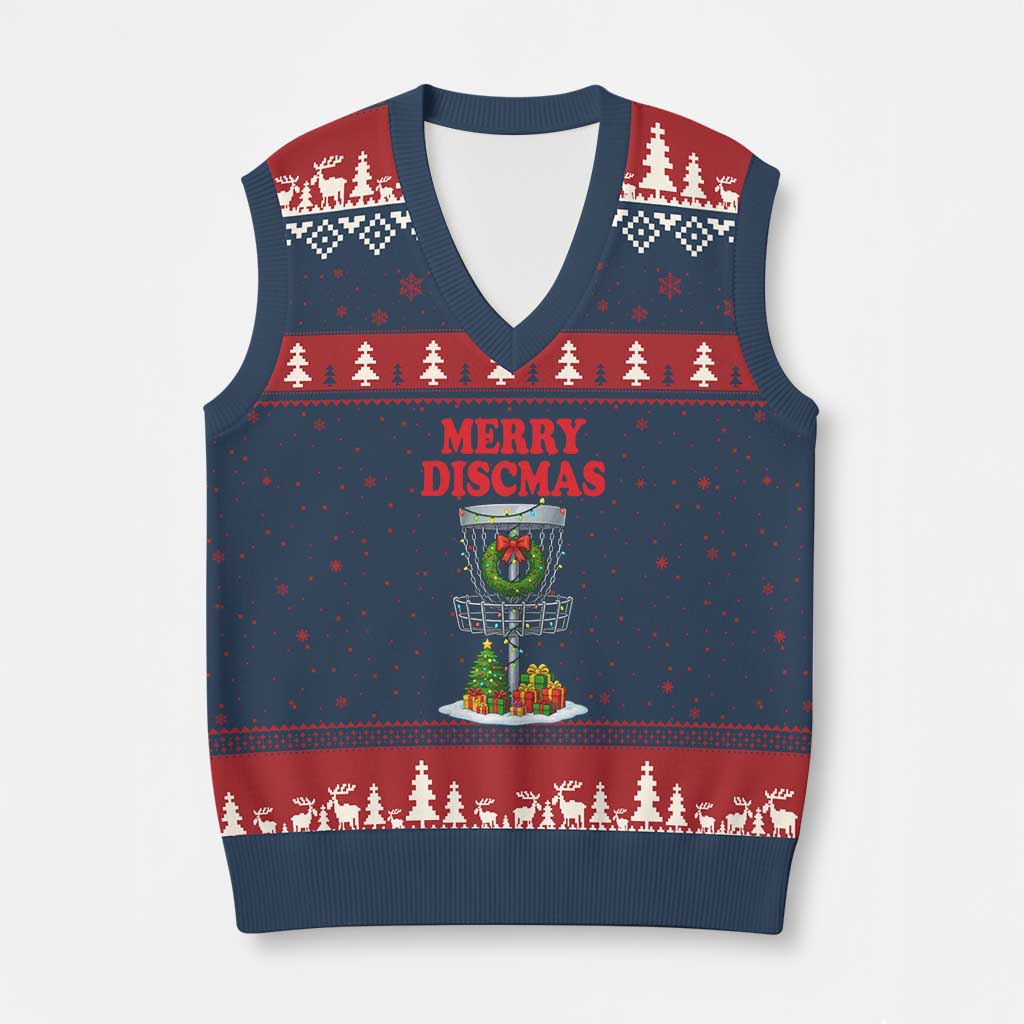 Xmas Disc Golf V-Neck Knit Sweater Vest Merry Discmas Golfers Frisbee Golfer Xmas Gift TS10 Navy Red Print Your Wear