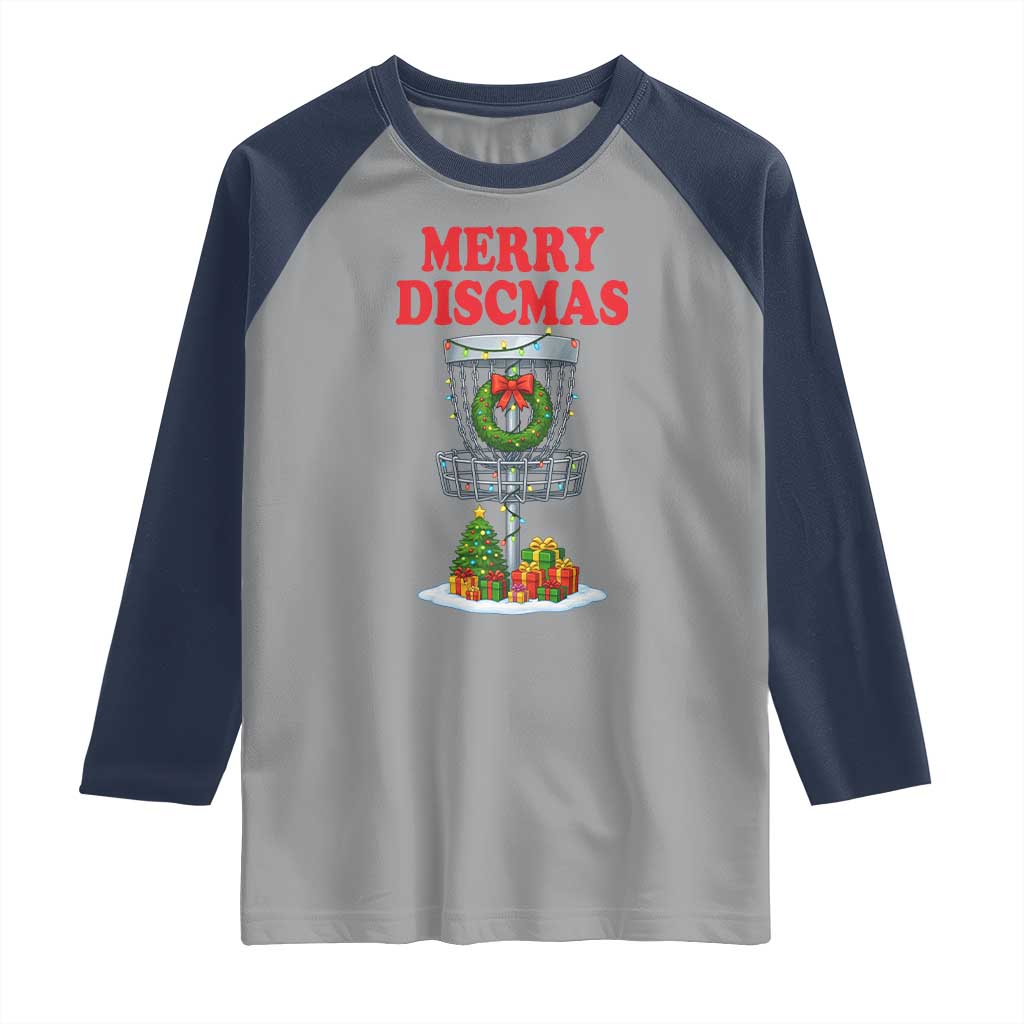 Christmas Disc Golf Raglan Shirt Merry Discmas Golfers Frisbee Golfer Xmas Gift TS10 Sport Gray Navy Print Your Wear