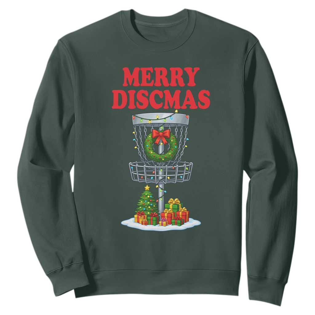 Christmas Disc Golf Sweatshirt Merry Discmas Golfers Frisbee Golfer Xmas Gift TS10 Dark Forest Green Print Your Wear