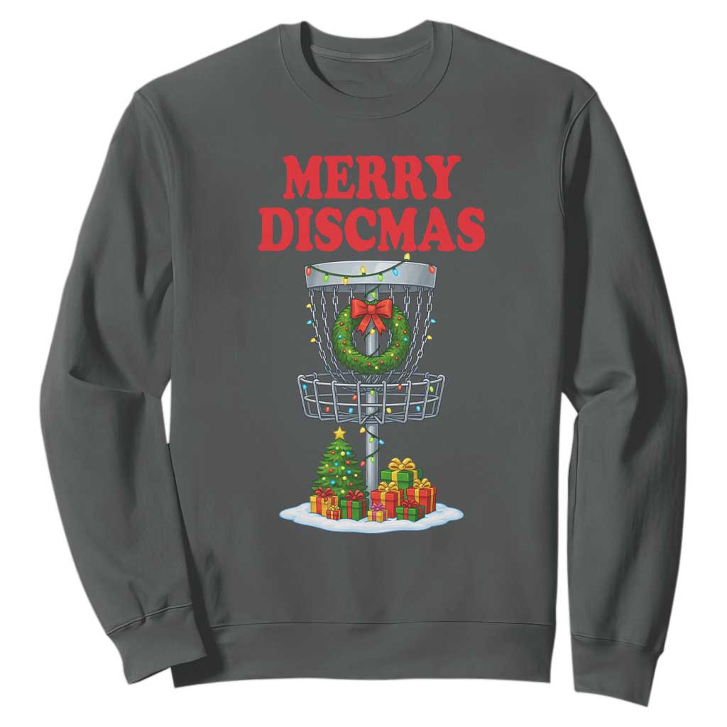Christmas Disc Golf Sweatshirt Merry Discmas Golfers Frisbee Golfer Xmas Gift TS10 Dark Heather Print Your Wear