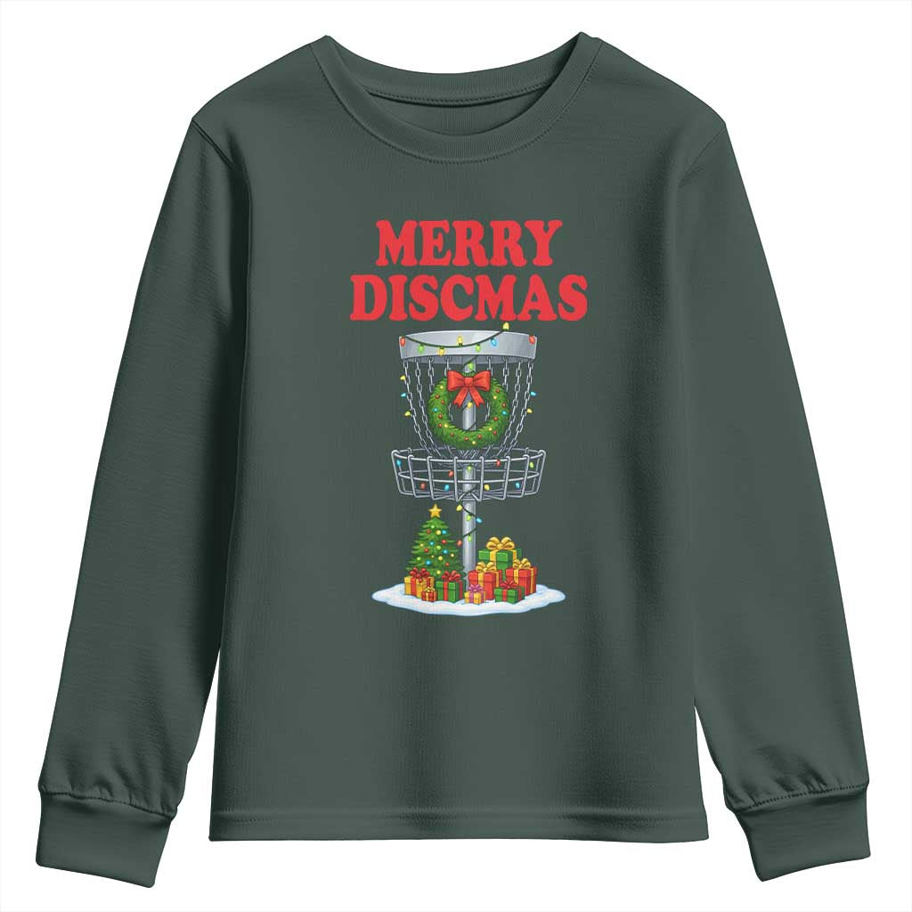 Christmas Disc Golf Youth Sweatshirt Merry Discmas Golfers Frisbee Golfer Xmas Gift TS10 Dark Forest Green Print Your Wear