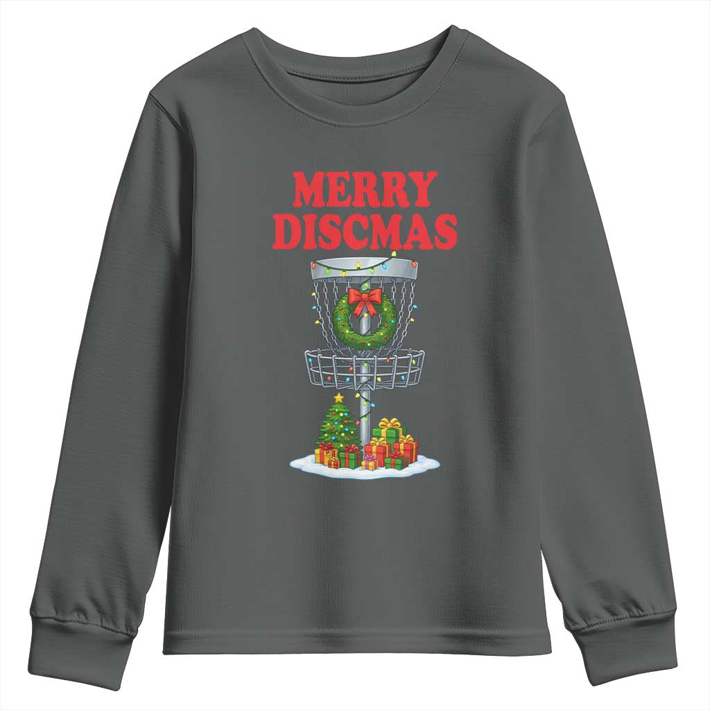 Christmas Disc Golf Youth Sweatshirt Merry Discmas Golfers Frisbee Golfer Xmas Gift TS10 Dark Heather Print Your Wear