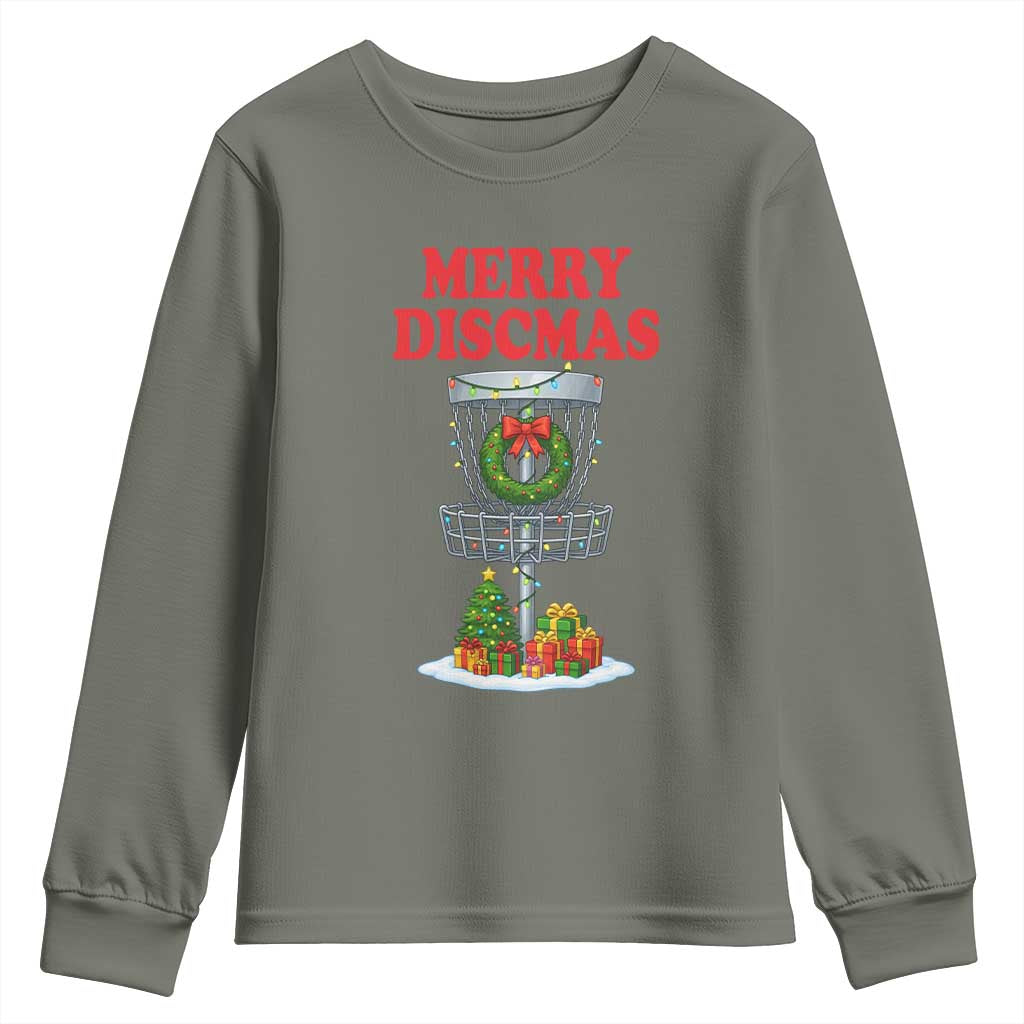 Christmas Disc Golf Youth Sweatshirt Merry Discmas Golfers Frisbee Golfer Xmas Gift TS10 Military Green Print Your Wear