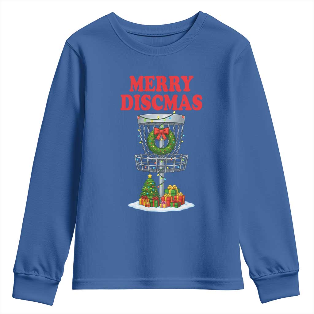 Christmas Disc Golf Youth Sweatshirt Merry Discmas Golfers Frisbee Golfer Xmas Gift TS10 Royal Blue Print Your Wear