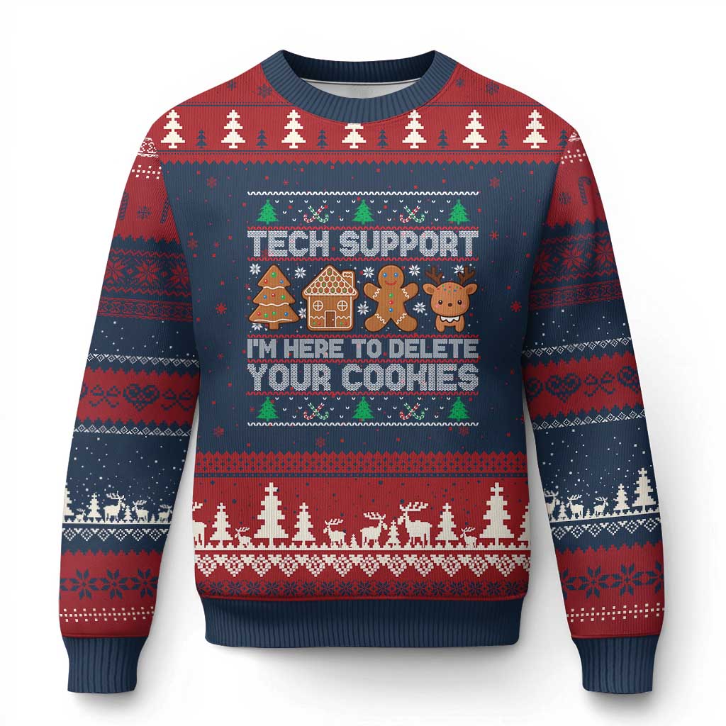 Funny Xmas Tech Support Ugly Christmas Sweater Computer Programmer Gift Here To Delete Cookies Ugly Xmas TS10 Navy Red Print Your Wear
