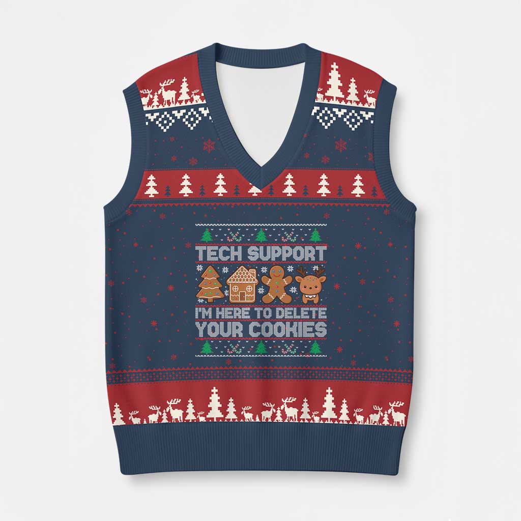 Funny Xmas Tech Support V-Neck Knit Sweater Vest Computer Programmer Gift Here To Delete Cookies Ugly Xmas TS10 Navy Red Print Your Wear