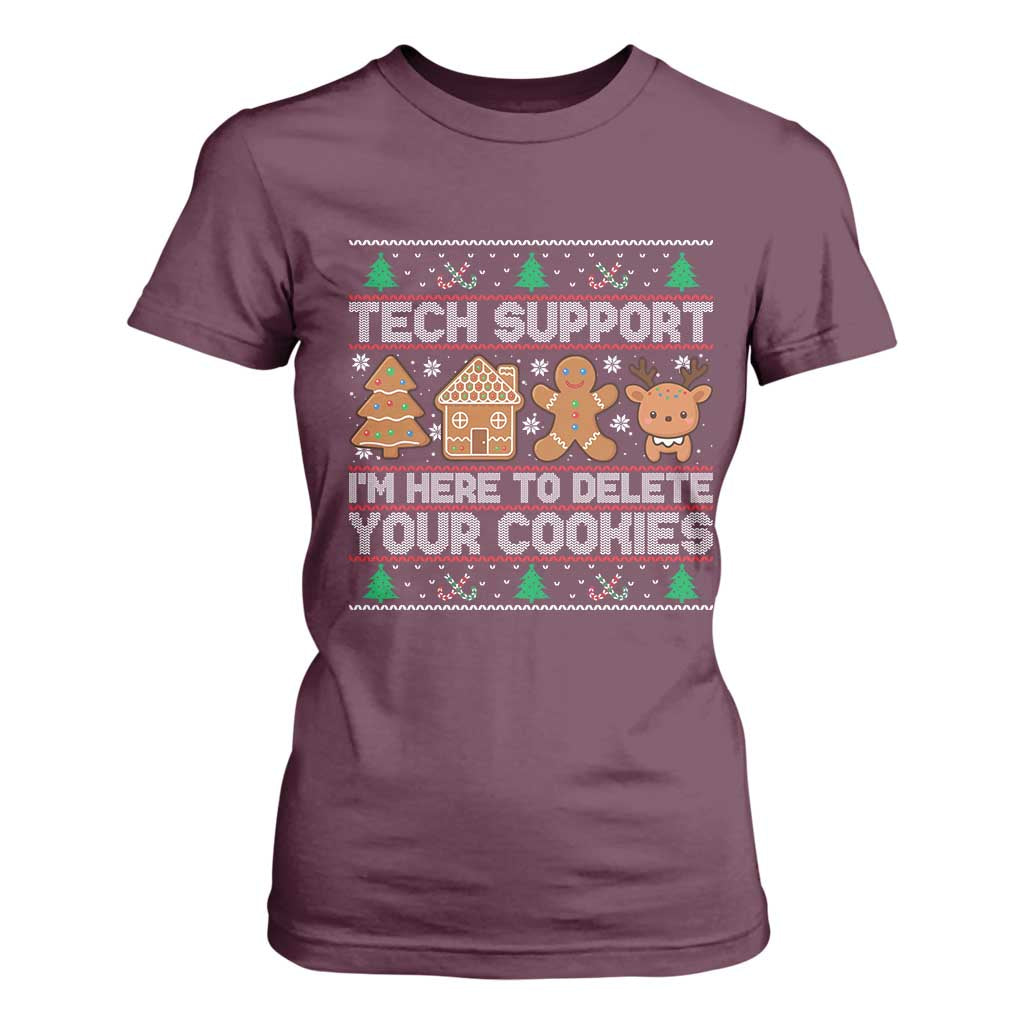 Funny Christmas Tech Support T Shirt For Women Computer Programmer Gift Here To Delete Cookies Ugly Xmas TS10 Maroon Print Your Wear