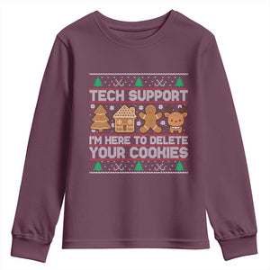 Funny Christmas Tech Support Youth Sweatshirt Computer Programmer Gift Here To Delete Cookies Ugly Xmas TS10 Maroon Print Your Wear