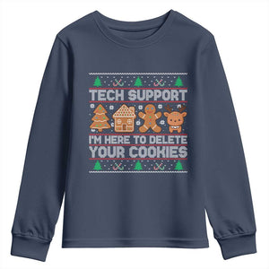 Funny Christmas Tech Support Youth Sweatshirt Computer Programmer Gift Here To Delete Cookies Ugly Xmas TS10 Navy Print Your Wear
