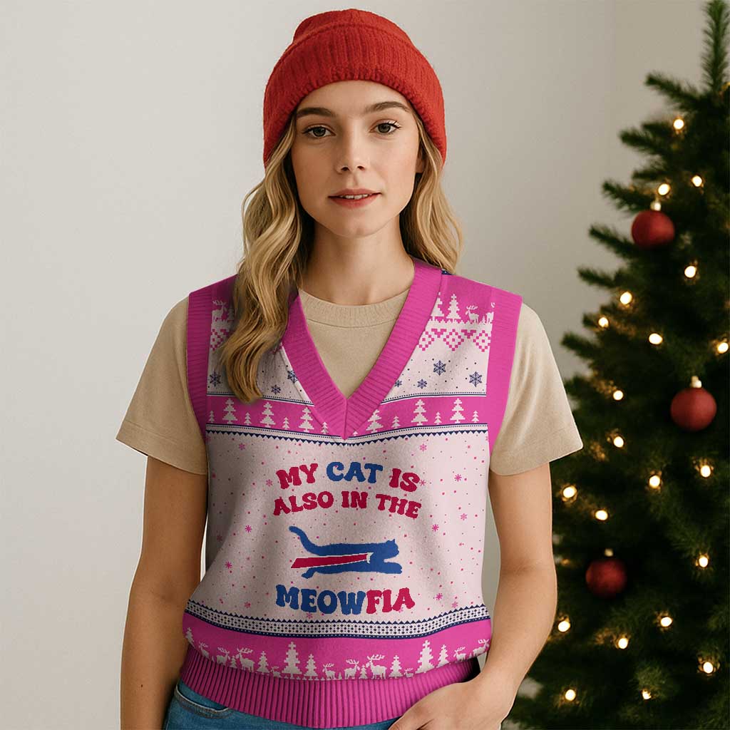 My Cat Is Also In The Meowfia V-Neck Knit Sweater Vest Cat Dad Football Lover Mafia Fan TS10 Hot Pink Print Your Wear