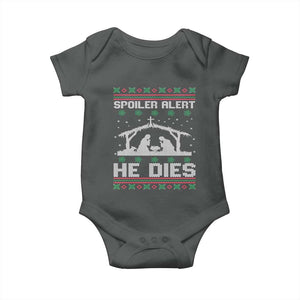Spoiler Alert He Dies Baby Onesie Funny Nativity Scene Dark Humor Ugly Xmas TS10 Dark Heather Print Your Wear