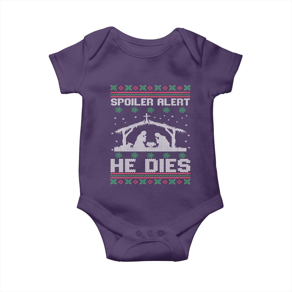 Spoiler Alert He Dies Baby Onesie Funny Nativity Scene Dark Humor Ugly Xmas TS10 Purple Print Your Wear
