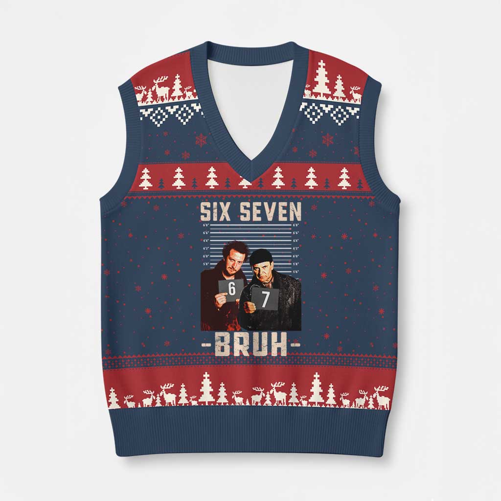 Funny 6 7 Meme V-Neck Knit Sweater Vest Retro Home Xmas Movie Alone TS10 Navy Red Print Your Wear