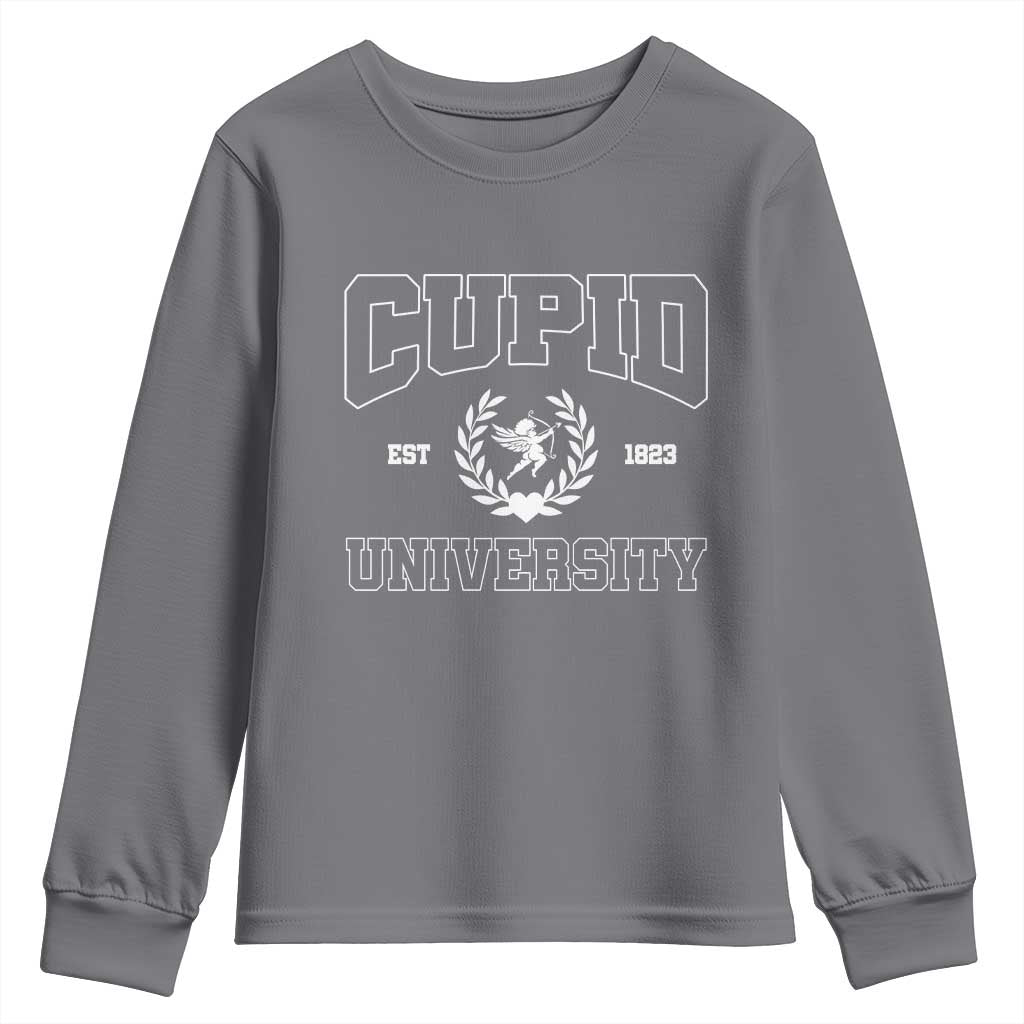 Cupid University Youth Sweatshirt Cute Valentine's Day Funny College TS10 Charcoal Print Your Wear