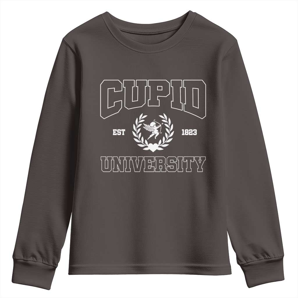 Cupid University Youth Sweatshirt Cute Valentine's Day Funny College TS10 Dark Chocolate Print Your Wear