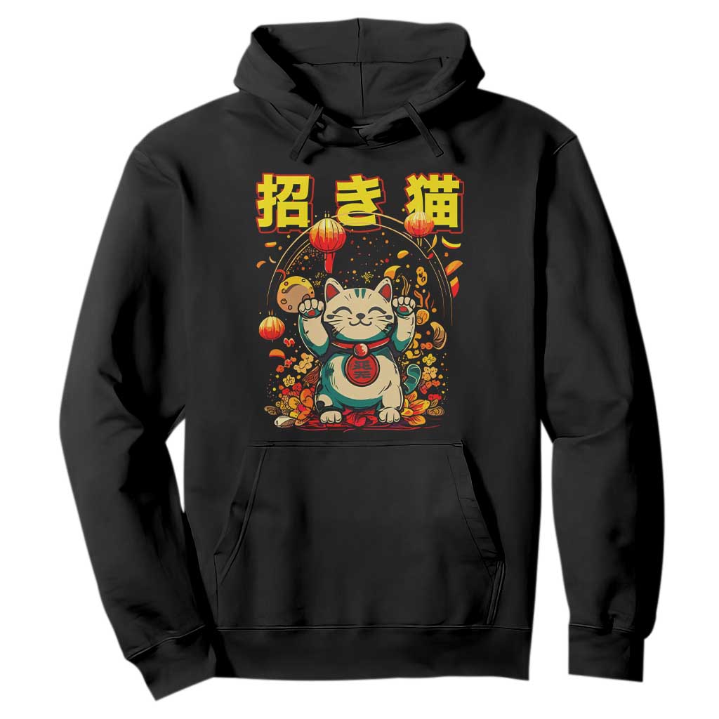 Maneki Neko Hoodie Kawaii Japanese Lucky Cat Waving TS10 Black Print Your Wear