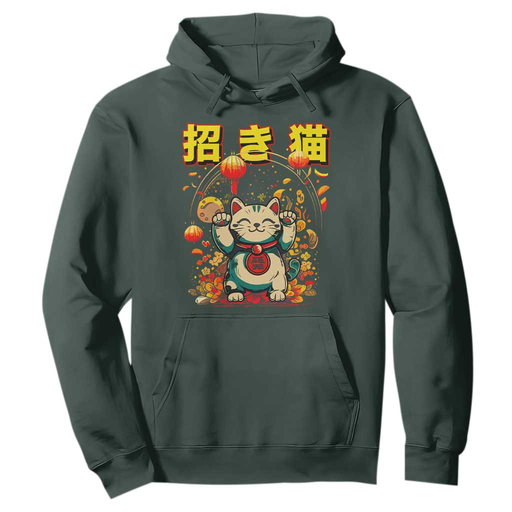 Maneki Neko Hoodie Kawaii Japanese Lucky Cat Waving TS10 Dark Forest Green Print Your Wear
