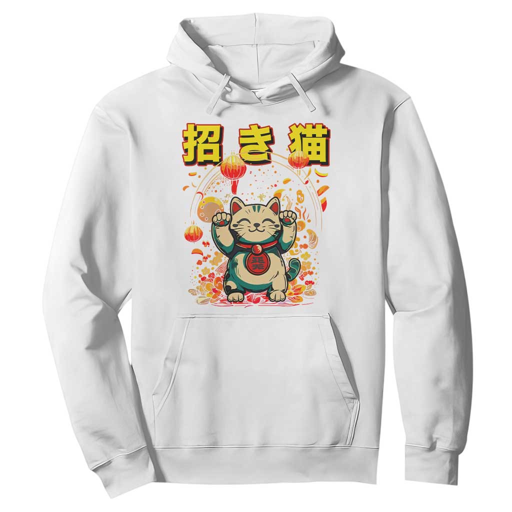 Maneki Neko Hoodie Kawaii Japanese Lucky Cat Waving TS10 White Print Your Wear