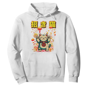 Maneki Neko Hoodie Kawaii Japanese Lucky Cat Waving TS10 White Print Your Wear