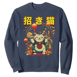 Maneki Neko Sweatshirt Kawaii Japanese Lucky Cat Waving TS10 Navy Print Your Wear
