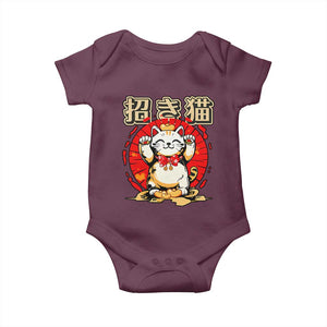 Maneki Neko Baby Onesie Kawaii Japanese Lucky Cat TS10 Maroon Print Your Wear