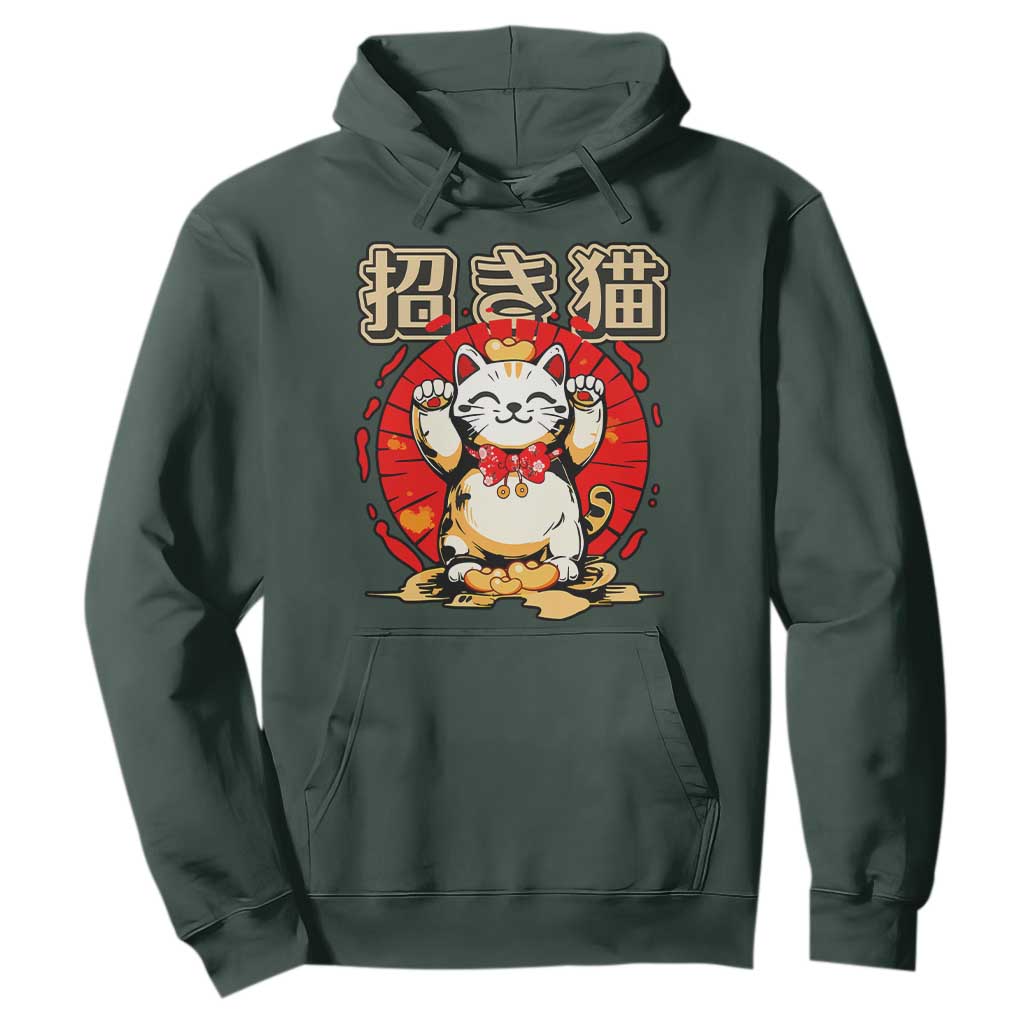 Maneki Neko Hoodie Kawaii Japanese Lucky Cat TS10 Dark Forest Green Print Your Wear
