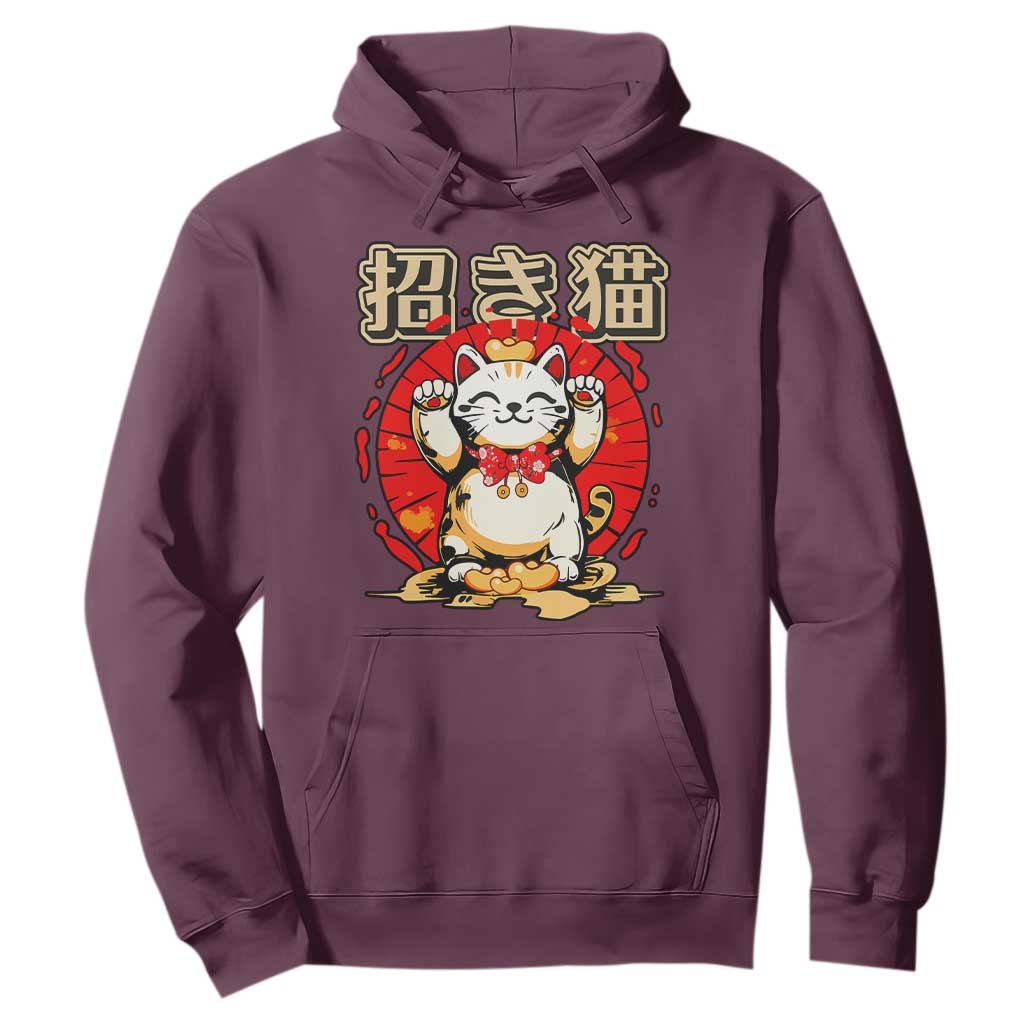 Maneki Neko Hoodie Kawaii Japanese Lucky Cat TS10 Maroon Print Your Wear