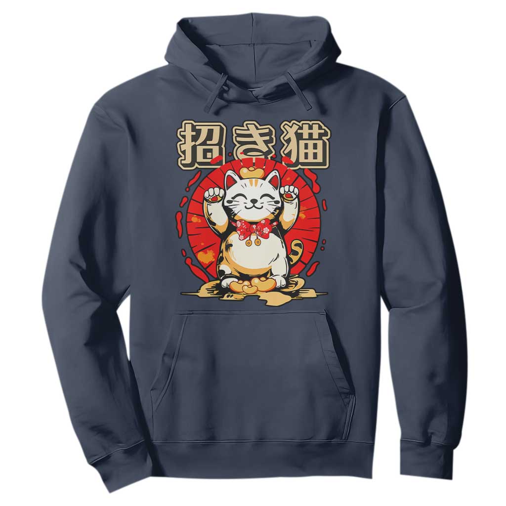 Maneki Neko Hoodie Kawaii Japanese Lucky Cat TS10 Navy Print Your Wear