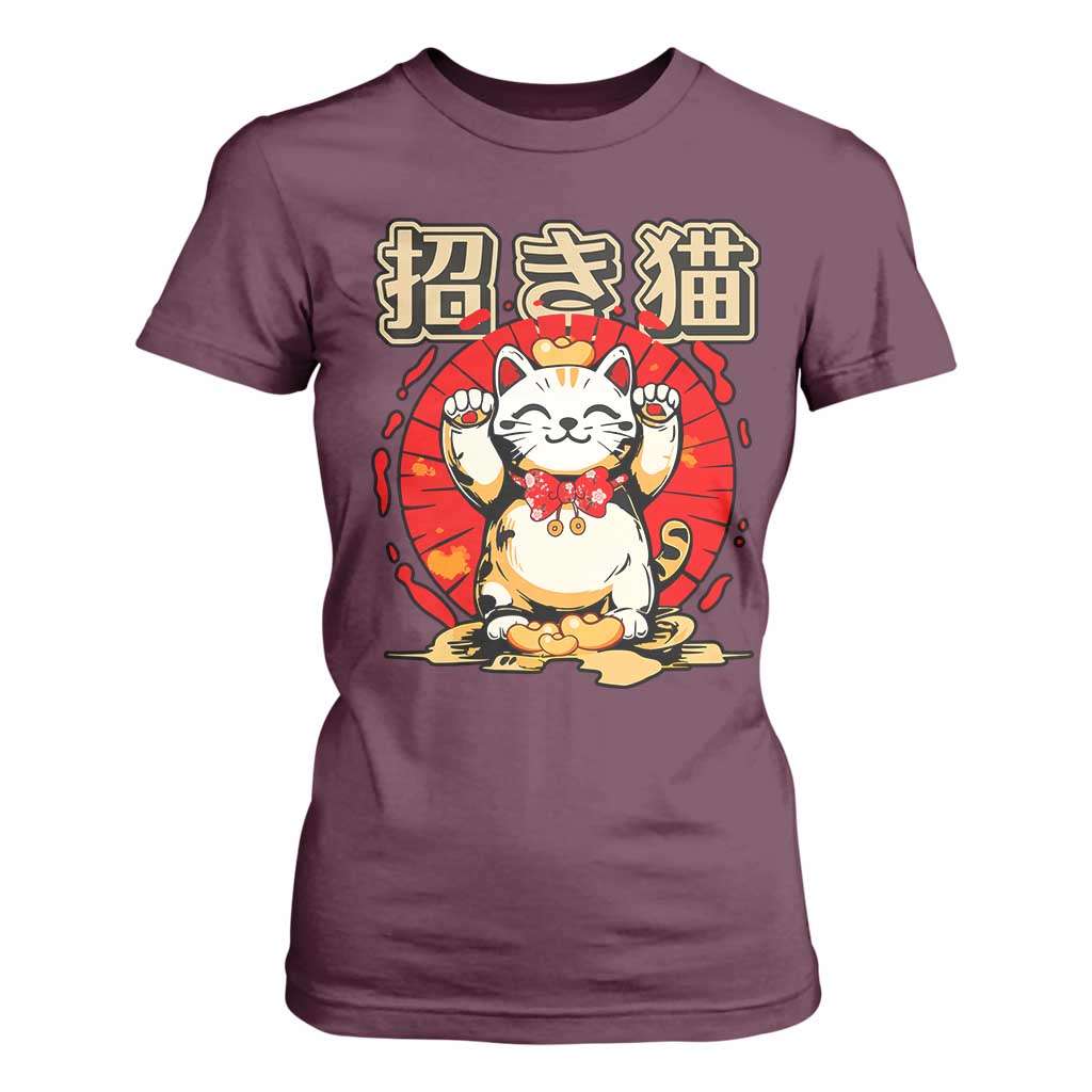Maneki Neko T Shirt For Women Kawaii Japanese Lucky Cat TS10 Maroon Print Your Wear