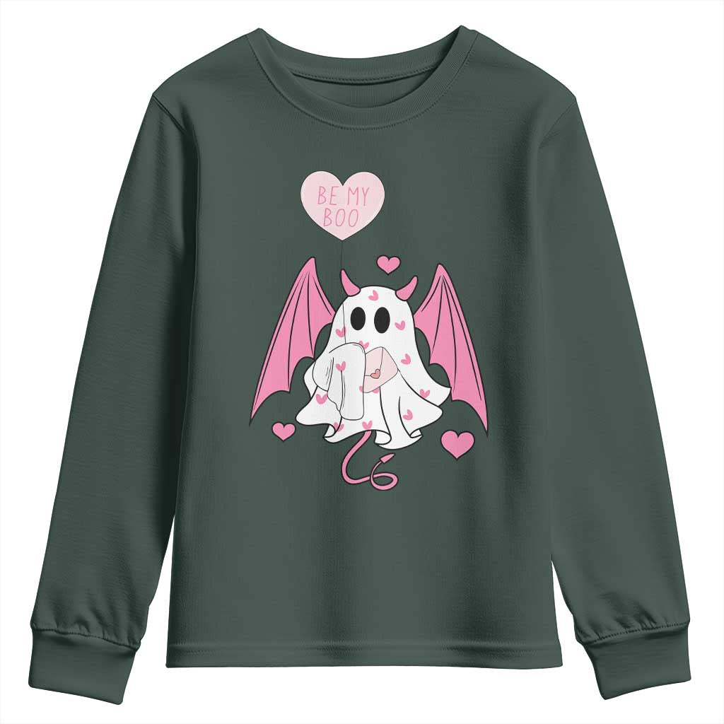 Valentines Ghost Youth Sweatshirt Be My Boo Cute Funny TS10 Dark Forest Green Print Your Wear