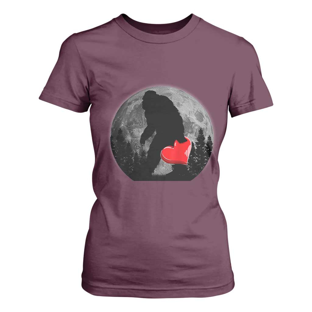 Bigfoot Heart Valentines Day T Shirt For Women Funny Valentine Sasquatch Lovers TS10 Maroon Print Your Wear