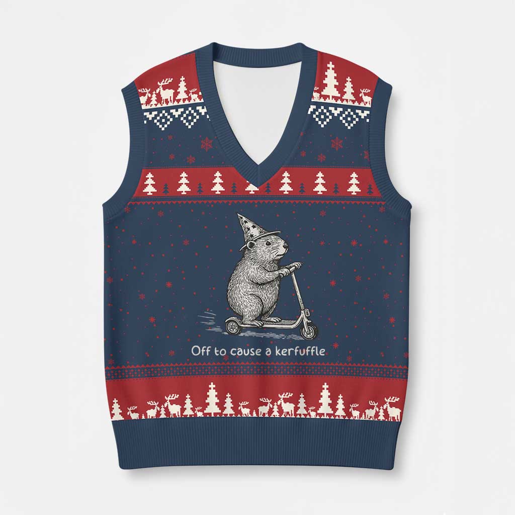Funny Groundhog Off To Cause A Kerfuffle V-Neck Knit Sweater Vest TS10 Navy Red Print Your Wear