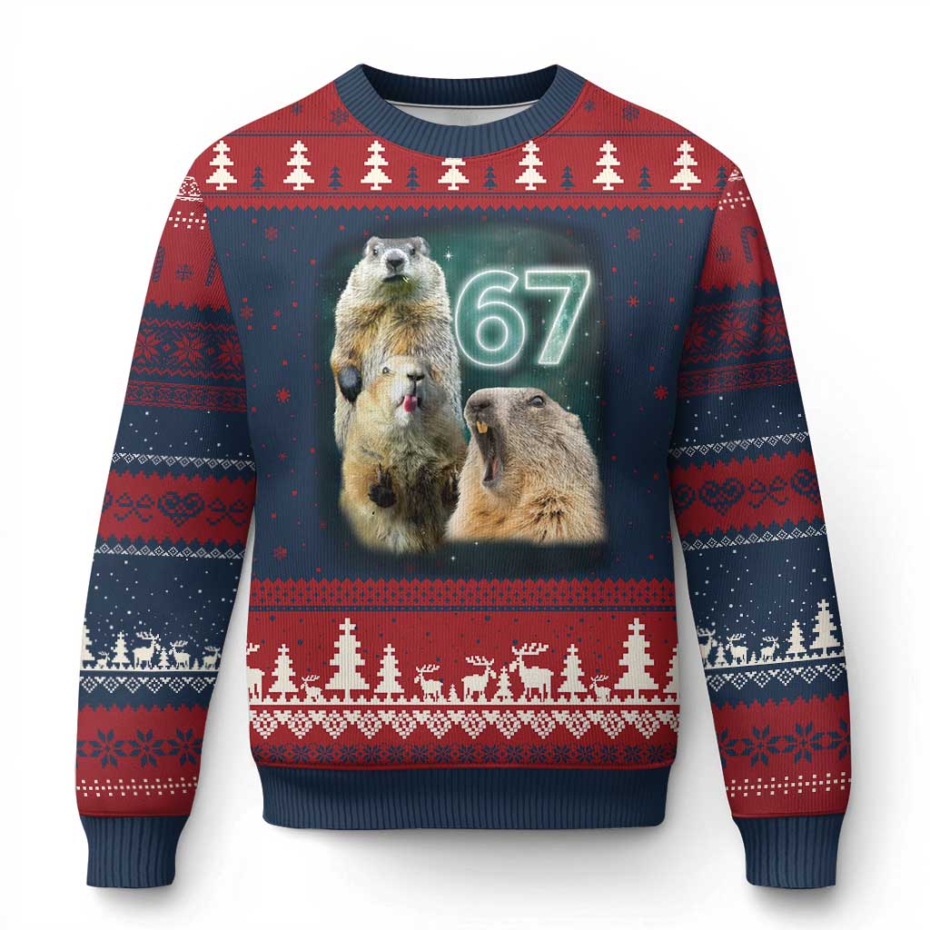 67 Meme Groundhog Ugly Christmas Sweater Howling At The Moon Funny Six Seven Meme Ground Hog Day TS10 Navy Red Print Your Wear