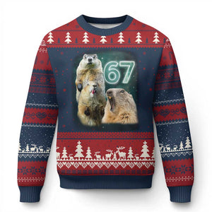 67 Meme Groundhog Ugly Christmas Sweater Howling At The Moon Funny Six Seven Meme Ground Hog Day TS10 Navy Red Print Your Wear
