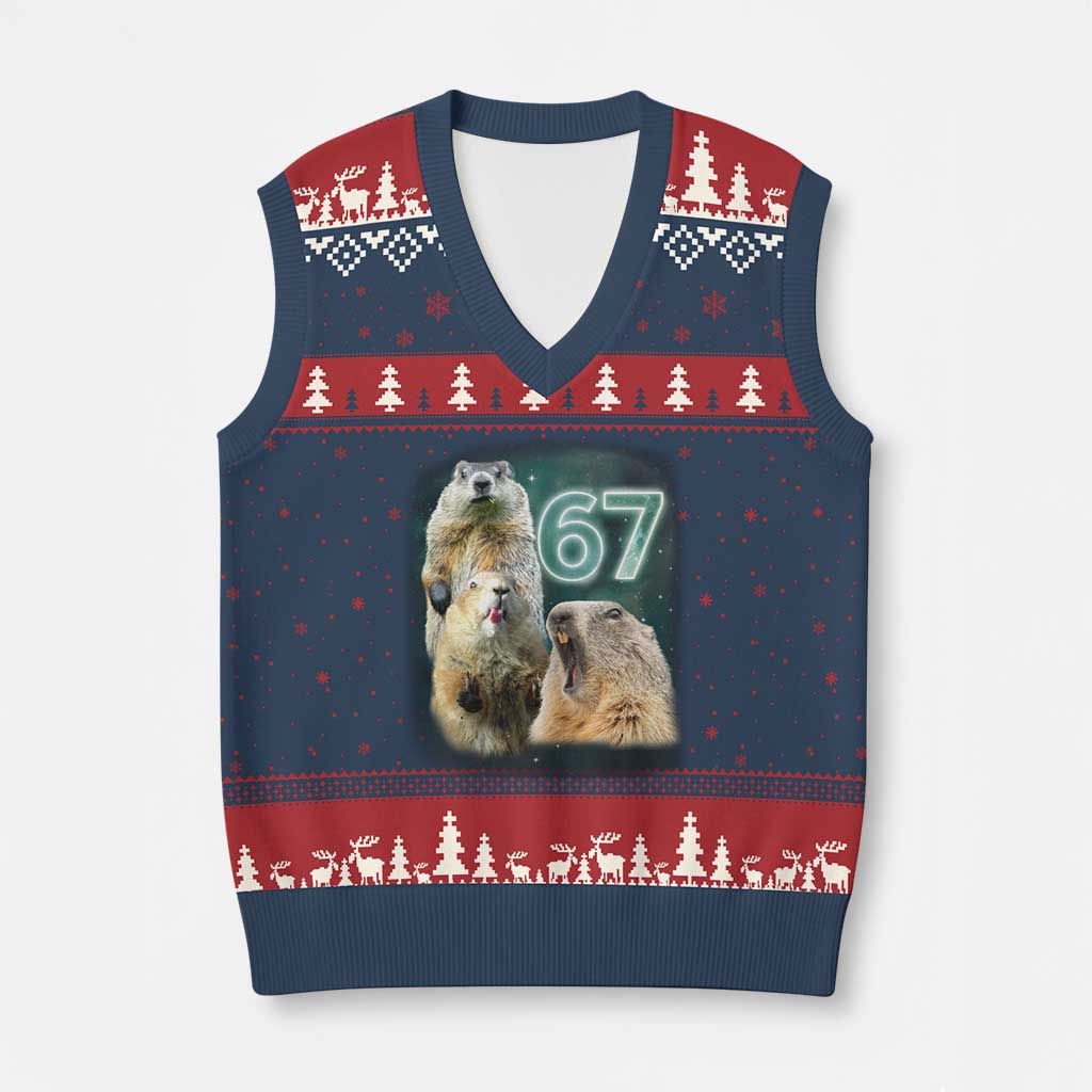67 Meme Groundhog V-Neck Knit Sweater Vest Howling At The Moon Funny Six Seven Meme Ground Hog Day TS10 Navy Red Print Your Wear