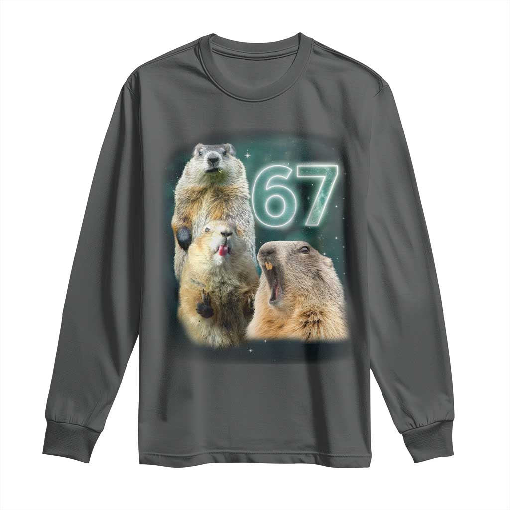 67 Meme Groundhog Long Sleeve Shirt Howling At The Moon Funny Six Seven Meme Ground Hog Day TS10 Dark Heather Print Your Wear