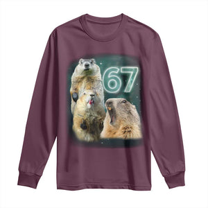 67 Meme Groundhog Long Sleeve Shirt Howling At The Moon Funny Six Seven Meme Ground Hog Day TS10 Maroon Print Your Wear