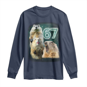 67 Meme Groundhog Long Sleeve Shirt Howling At The Moon Funny Six Seven Meme Ground Hog Day TS10 Navy Print Your Wear