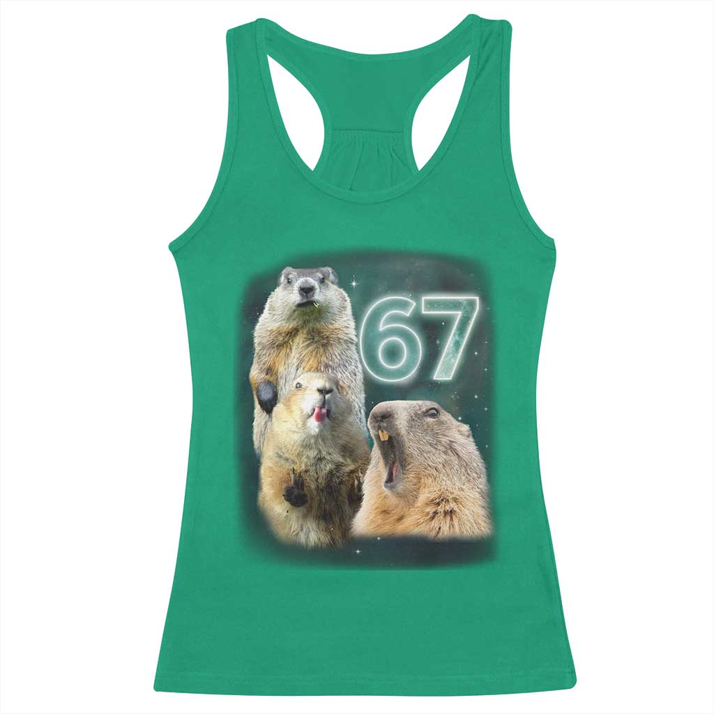 67 Meme Groundhog Racerback Tank Top Howling At The Moon Funny Six Seven Meme Ground Hog Day TS10 Irish Green Print Your Wear