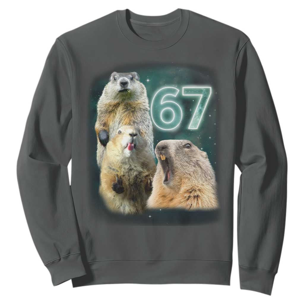 67 Meme Groundhog Sweatshirt Howling At The Moon Funny Six Seven Meme Ground Hog Day TS10 Dark Heather Print Your Wear