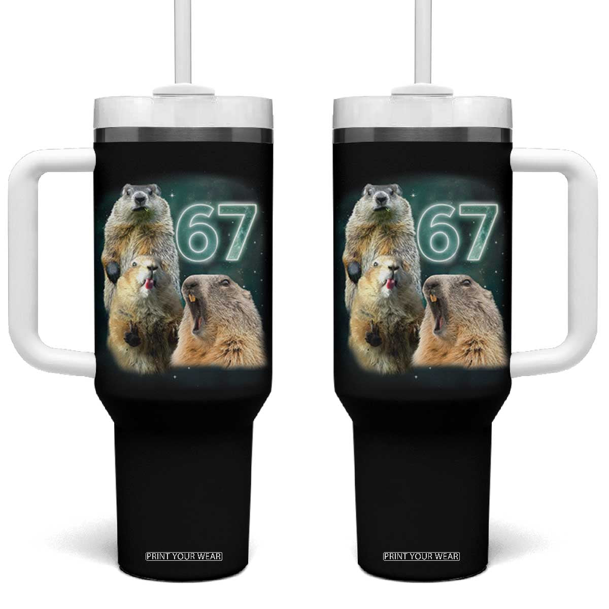 67 Meme Groundhog Tumbler With Handle Howling At The Moon Funny Six Seven Meme Ground Hog Day TS10 One Size: 40 oz Black Print Your Wear