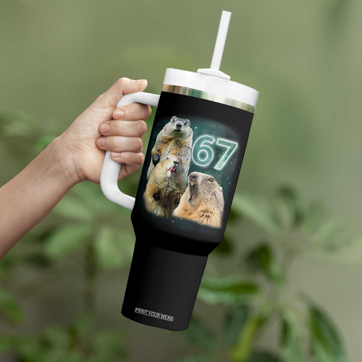 67 Meme Groundhog Tumbler With Handle Howling At The Moon Funny Six Seven Meme Ground Hog Day TS10 Print Your Wear