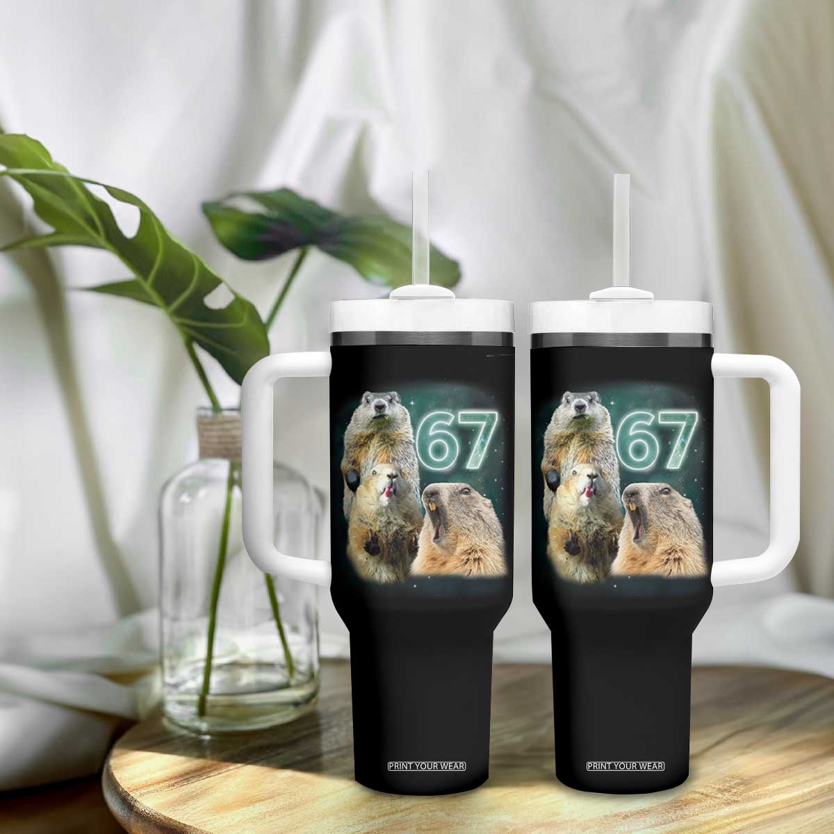 67 Meme Groundhog Tumbler With Handle Howling At The Moon Funny Six Seven Meme Ground Hog Day TS10 Print Your Wear