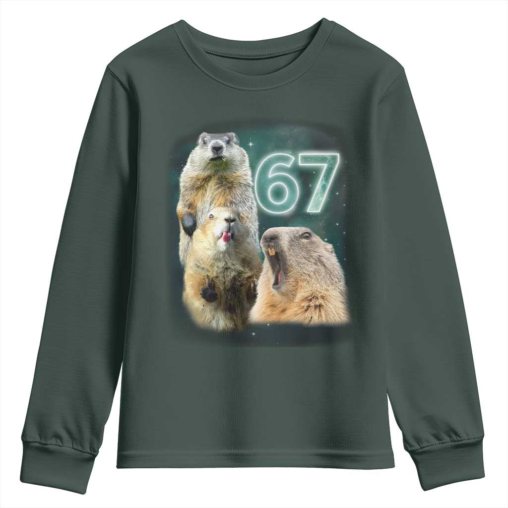 67 Meme Groundhog Youth Sweatshirt Howling At The Moon Funny Six Seven Meme Ground Hog Day TS10 Dark Forest Green Print Your Wear