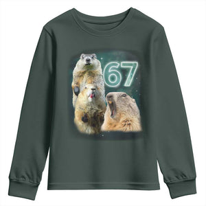 67 Meme Groundhog Youth Sweatshirt Howling At The Moon Funny Six Seven Meme Ground Hog Day TS10 Dark Forest Green Print Your Wear