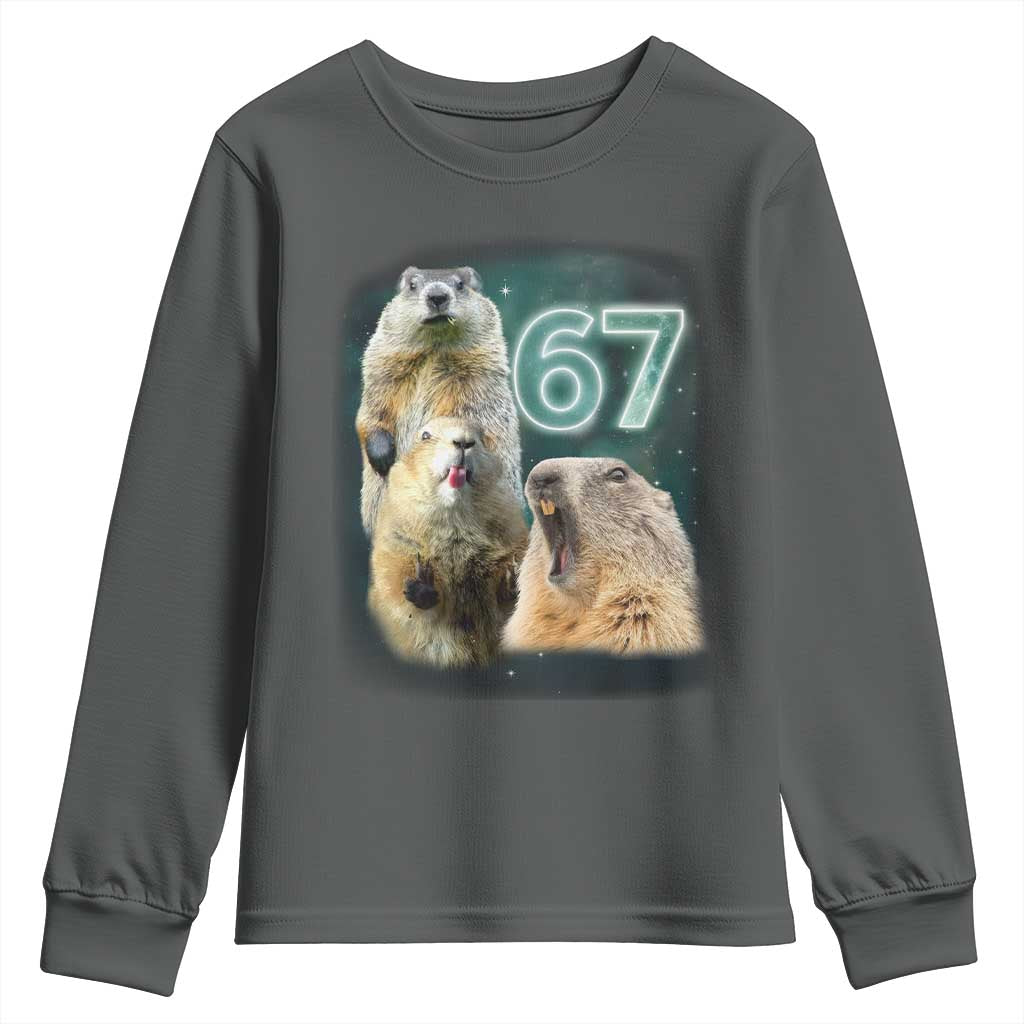 67 Meme Groundhog Youth Sweatshirt Howling At The Moon Funny Six Seven Meme Ground Hog Day TS10 Dark Heather Print Your Wear
